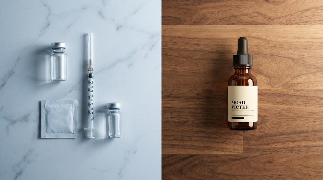 A peptide injection kit next to a simple amber Vintage Muscle dropper bottle, showing the difference in cost and hassle