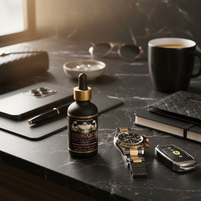 Bottle of Gronab Oil on a marble surface with a watch, coffee cup, and other items.