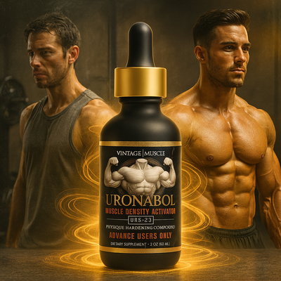 Supplement bottle labeled 'Uronabol' with muscular men in the background