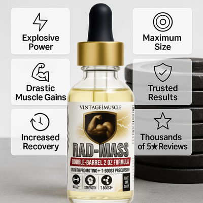 Vintage Muscle RAD-MASS supplement bottle with features listed on a gray background