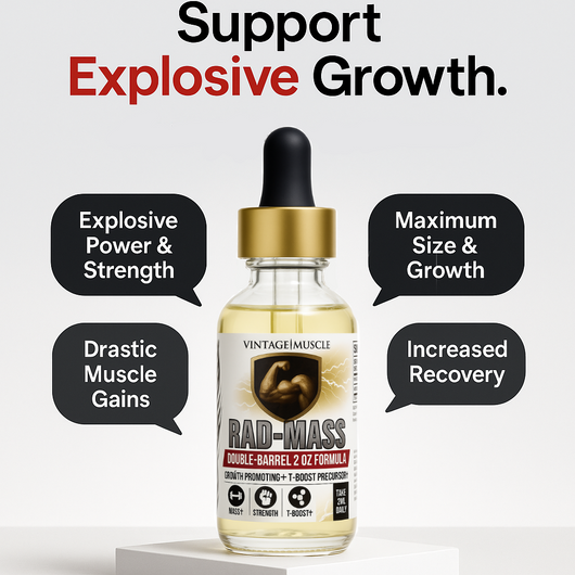 Bottle of Vintage Muscle RAD-MASS supplement with promotional text on a white background