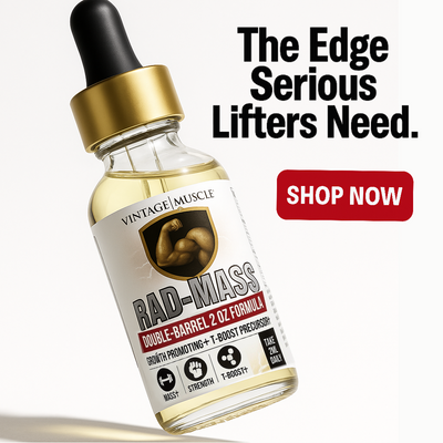 Bottle of RAD-MASS supplement with a dropper labeled 'Vintage Muscle' on a white background.
