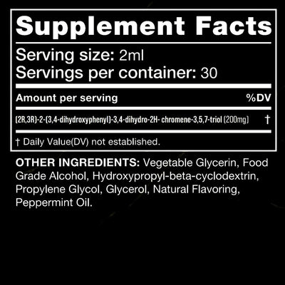 Supplement facts label with serving size, servings per container, and ingredient list on a black background.