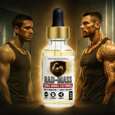 Bottle of 'Vintage Muscle RAD-Mass' supplement with two muscular men in the background.