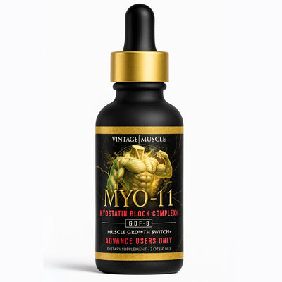 Black supplement bottle with gold cap labeled 'Vintage Muscle MYO-11' on a white background