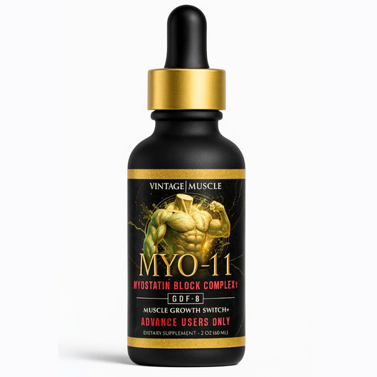 Black supplement bottle with gold cap labeled 'Vintage Muscle MYO-11' on a white background