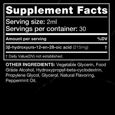 Supplement facts label with serving size, servings per container, and ingredient list on a black background.