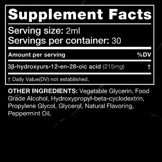 Supplement facts label with serving size, servings per container, and ingredient list on a black background.