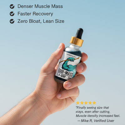 Hand holding a bottle of a supplement with text about muscle gain and recovery on a light blue background.